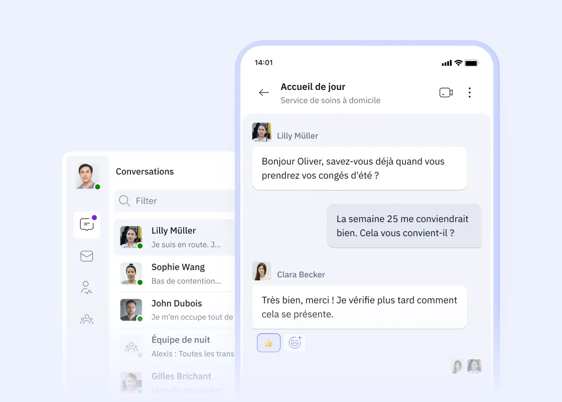 Famedly TI-Messenger zeigt Gruppenchat zur Abstimmung von Aufgaben wie Urlaubsplanung und Dienstfahrzeug-Inspektionen, um die Kommunikation im Team zu vereinfachen.