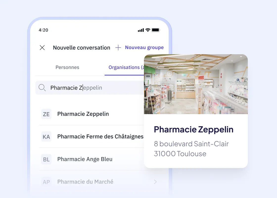 Famedly TI-Messenger zeigt die Suchfunktion, um Apotheken wie die Zeppelinapotheke direkt für die Kommunikation und Zusammenarbeit auszuwählen.