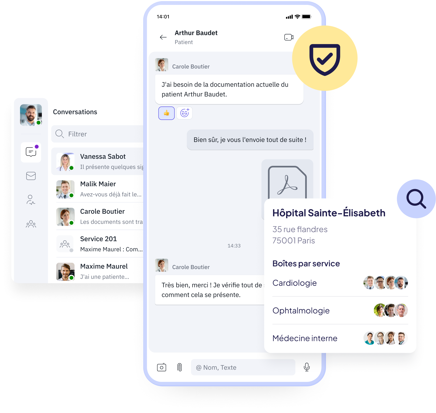 Famedly TI-Messenger zeigt die Kommunikation zwischen medizinischem Personal in einem Krankenhaus, mit Suchfunktion für Klinikpostfächer und sicherem Austausch von Patientendokumentationen.