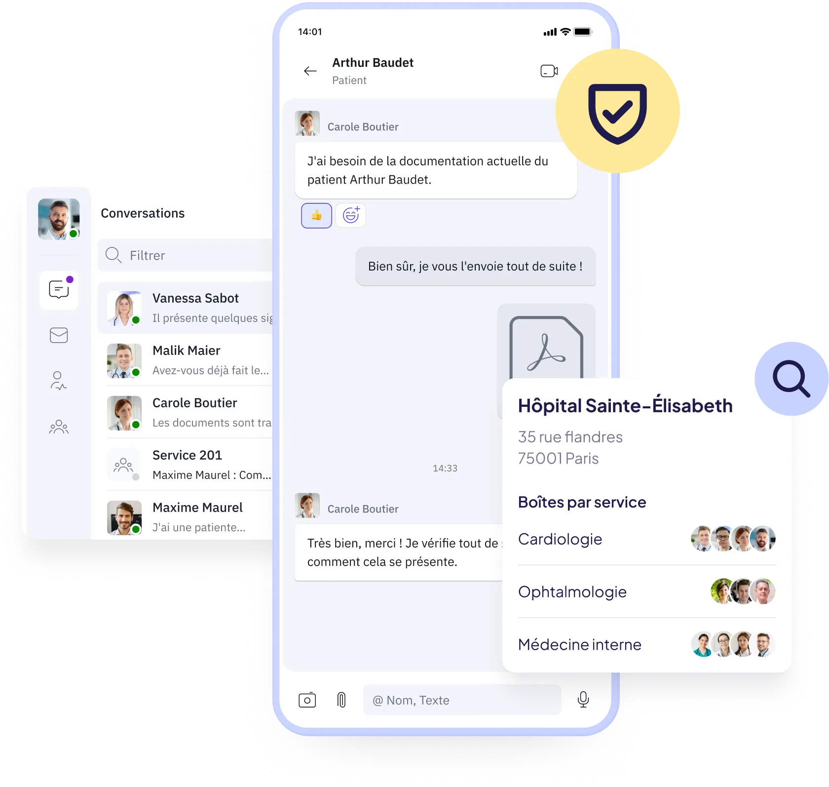 Famedly TI-Messenger zeigt die Kommunikation zwischen medizinischem Personal in einem Krankenhaus, mit Suchfunktion für Klinikpostfächer und sicherem Austausch von Patientendokumentationen.