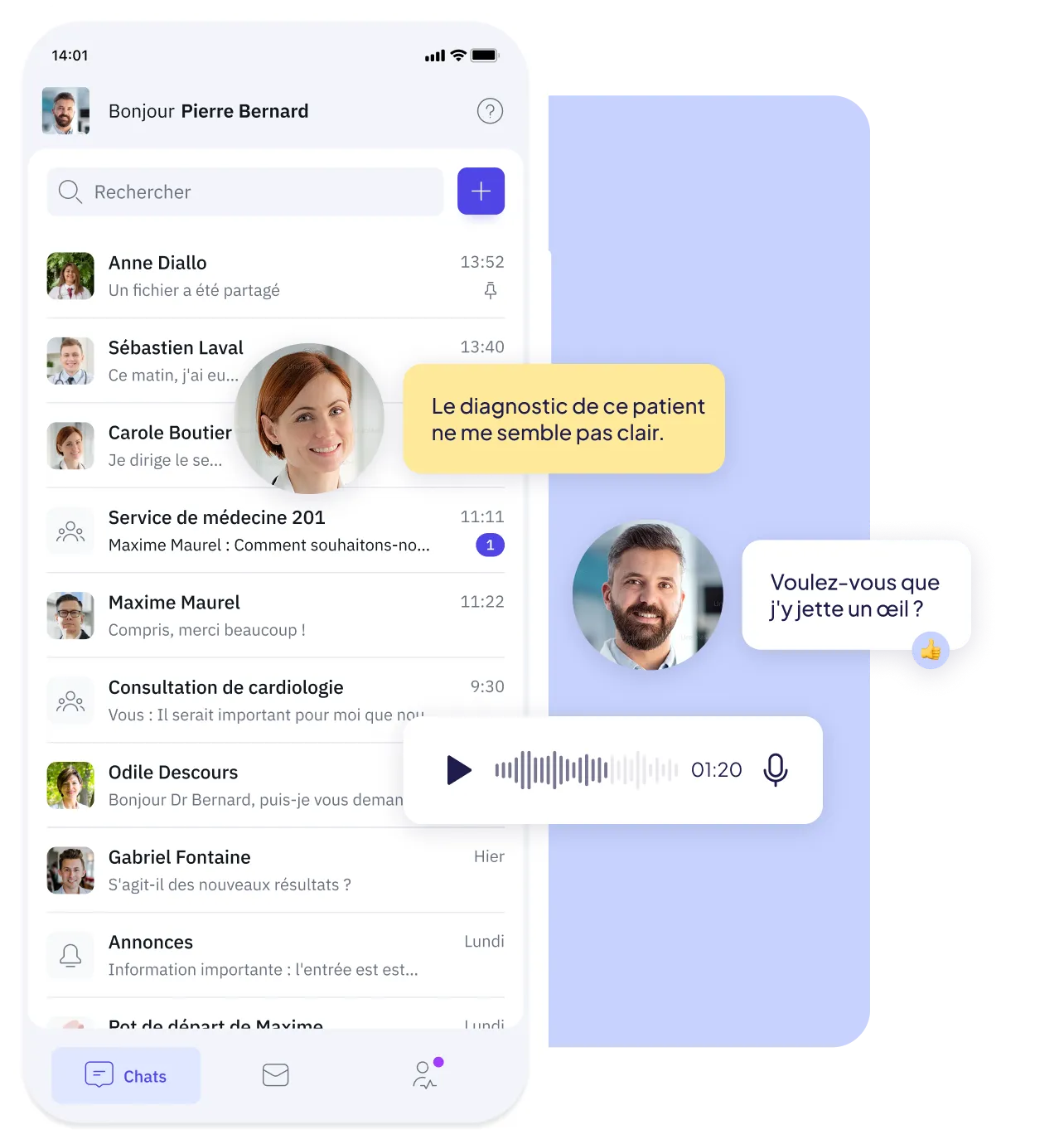App-Oberfläche des Famedly TI-Messengers, die zeigt, wie medizinisches Personal in Echtzeit über die Diagnose eines Patienten kommuniziert. Ein Text- und Audio-Nachrichtenaustausch zwischen zwei Benutzern wird dargestellt.