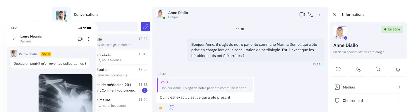 Benutzeroberfläche des Famedly TI-Messengers, die zeigt, wie medizinisches Personal in Echtzeit über Patienteninformationen, einschließlich Röntgenbildern und Medikation, kommuniziert.