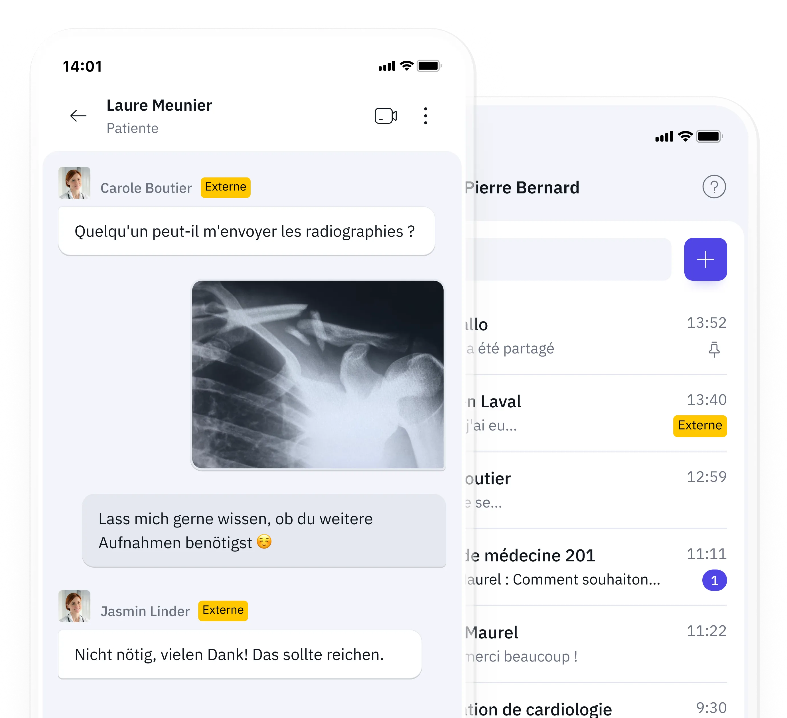 Famedly TI-Messenger zeigt asynchronen Austausch von Text- und Bildnachrichten, um Missverständnisse über Schichten hinweg zu vermeiden.