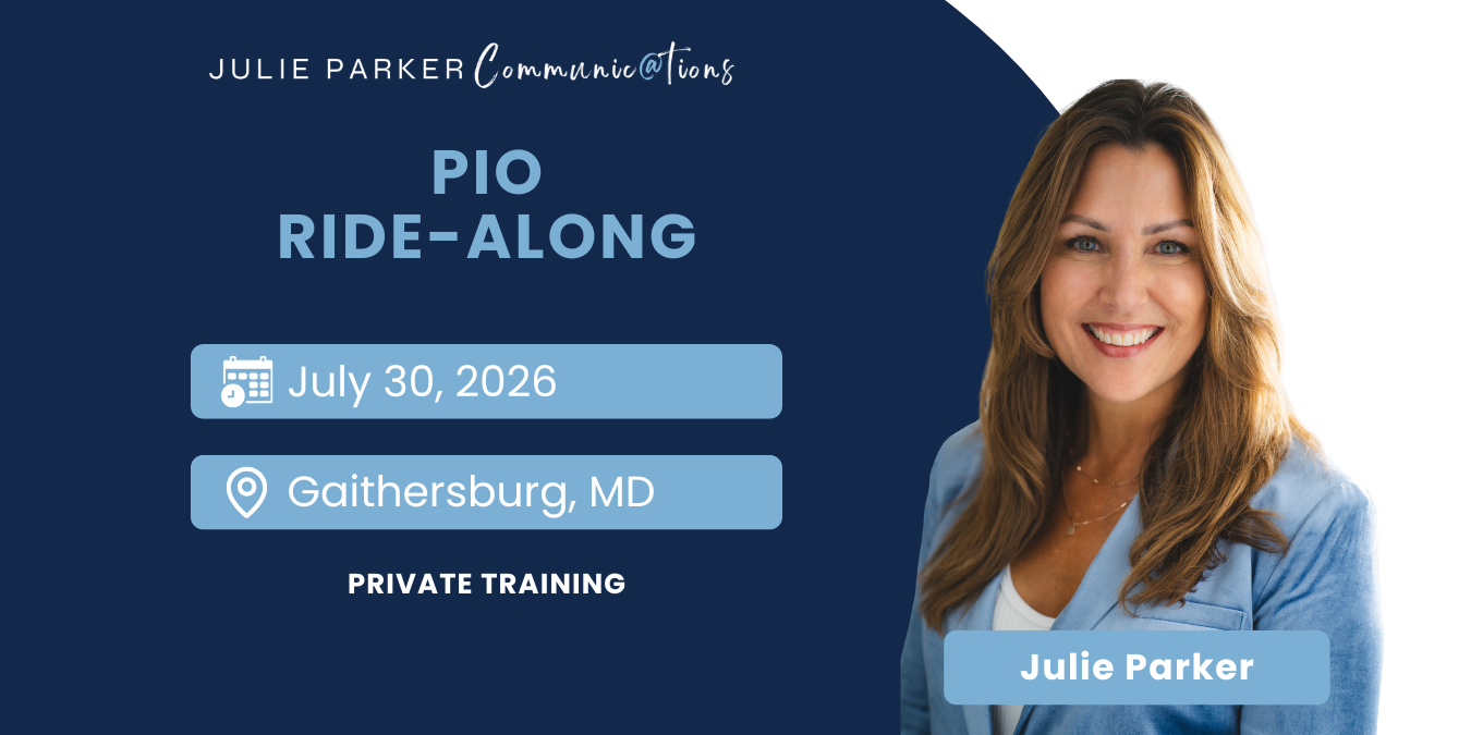 Julie Parker leads a PIO ride along training in Gaithersburg MD on July 30 2026 for public information officers.