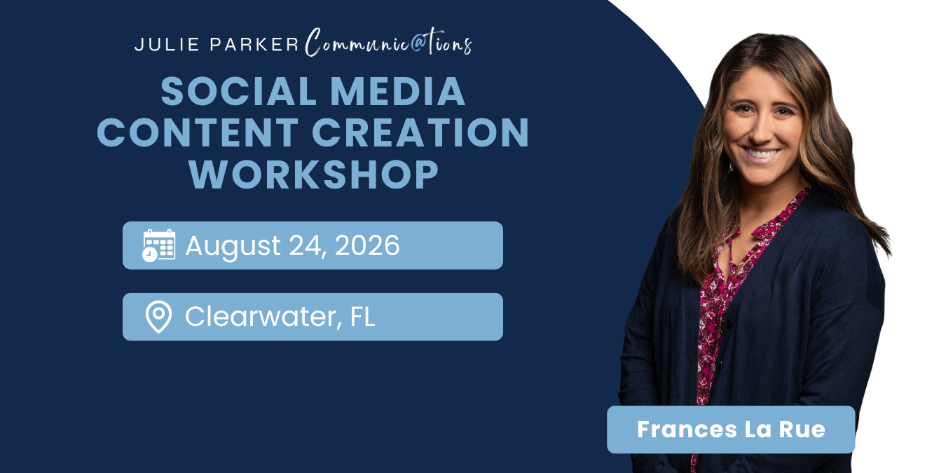 Social media content creation workshop in Clearwater FL on August 24 2026 with presenter Frances La Rue.