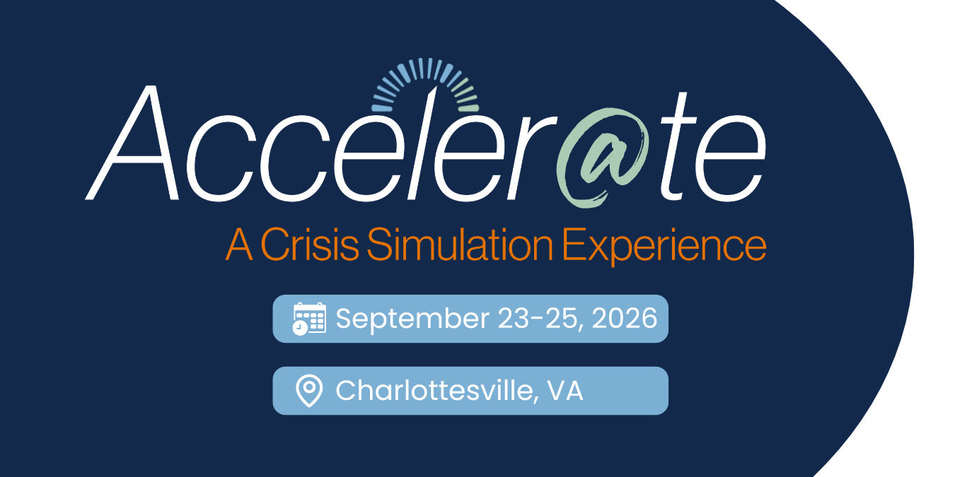 Crisis communication simulation workshop in Charlottesville VA. September 23 to 25 2026 Accelerate crisis training event.