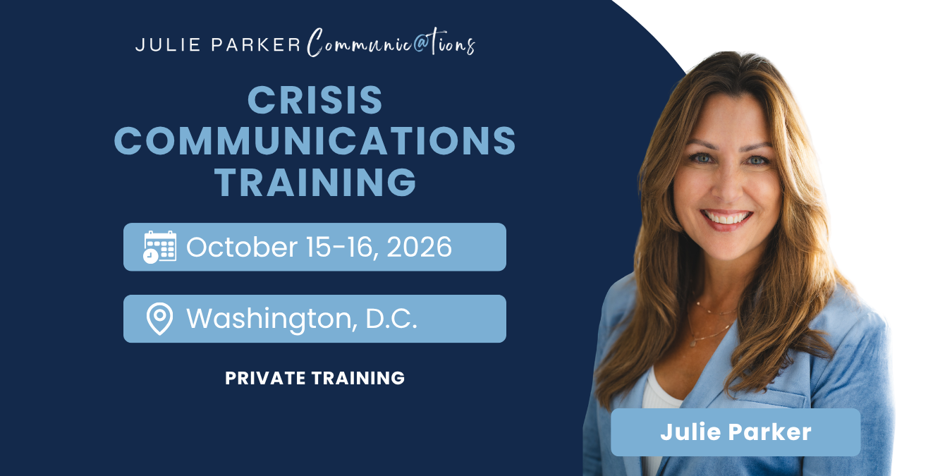 Crisis communications training in Washington D.C. on October 15 to 16, 2026, led by communications expert Julie Parker.