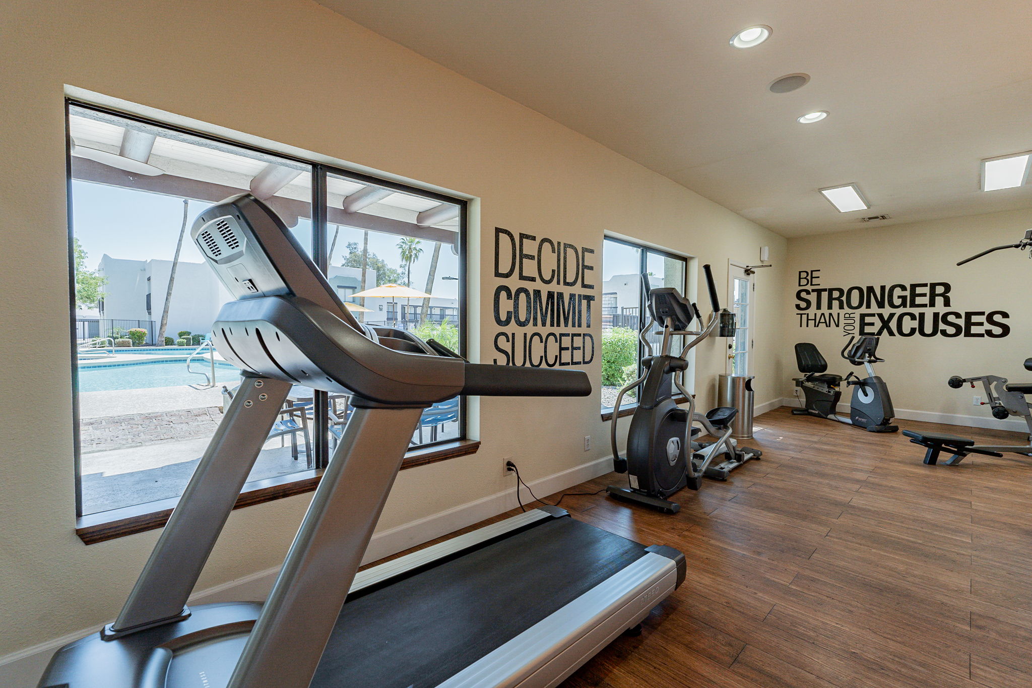 Fitness center cardio equipment.