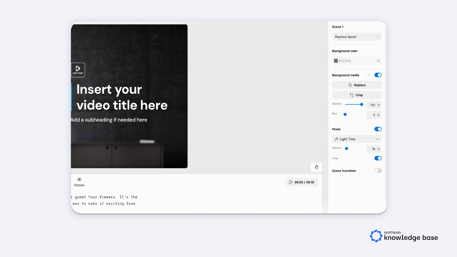 Snapshot from the Synthesia video editor with the Scene transition toggle.