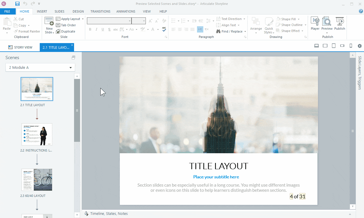 Storyline 360: Vista previa de escenas y diapositivas seleccionadas - Articulate Support