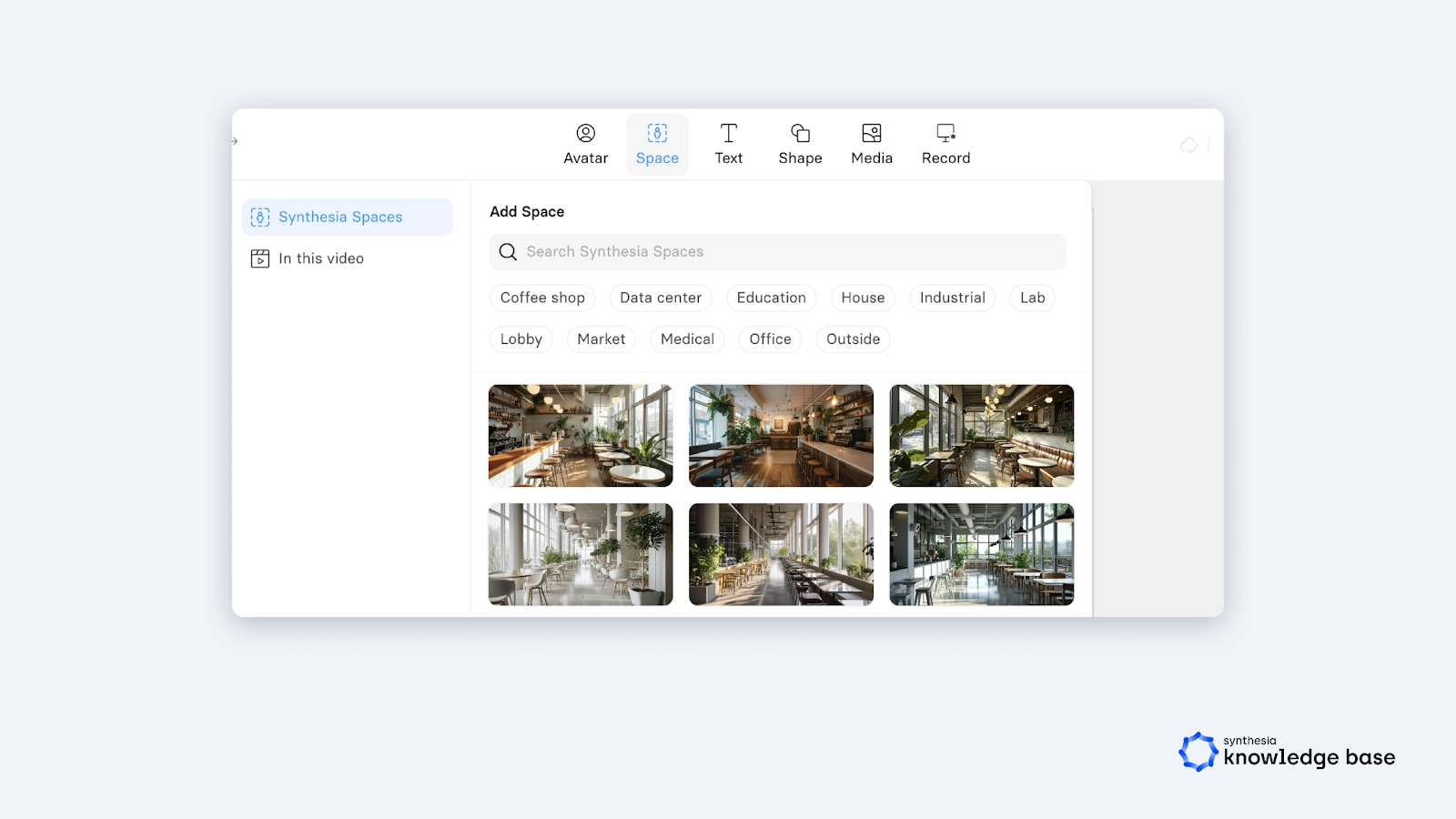 Space feature in Synthesia, to browse and select background images of different environments.