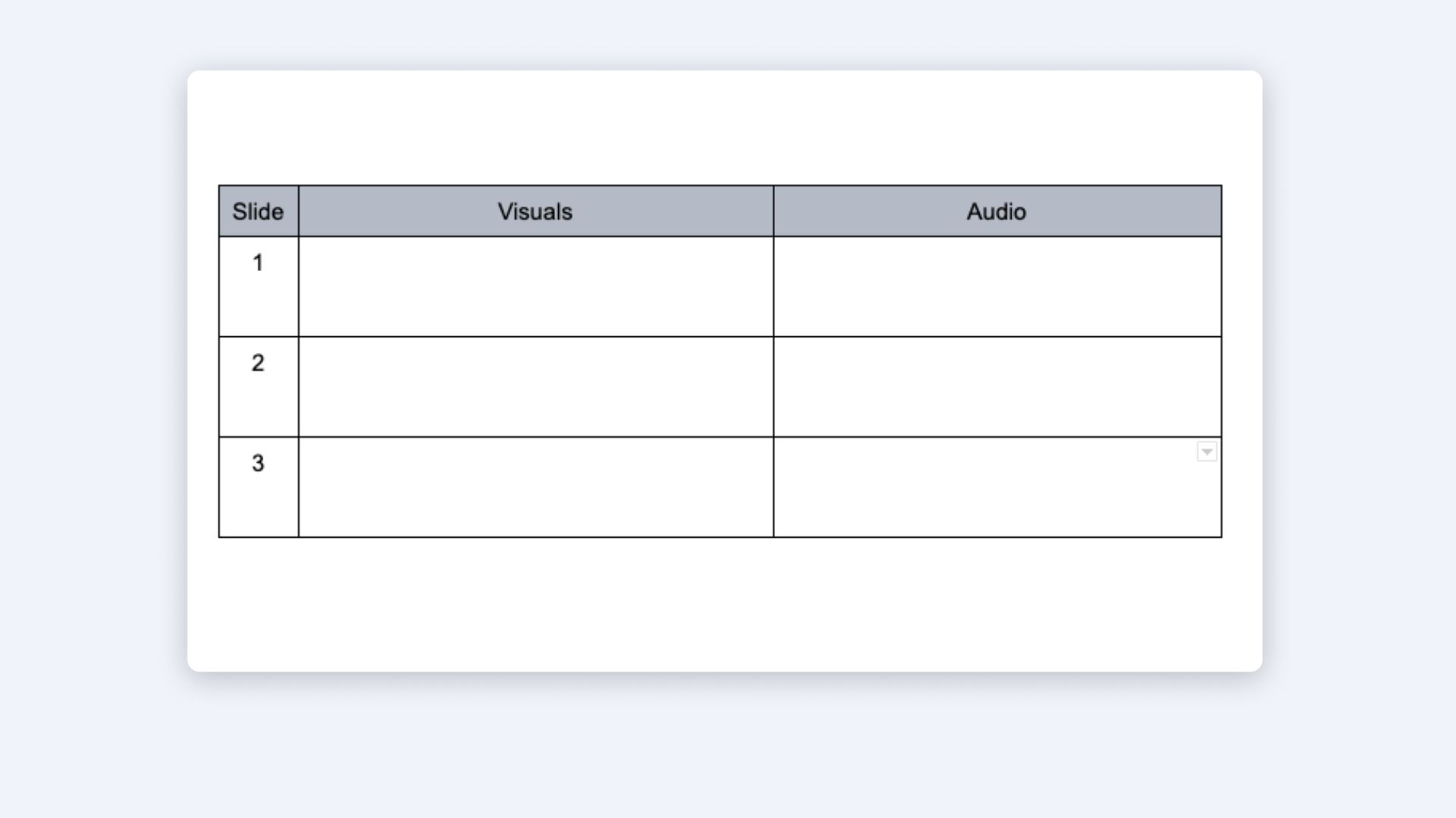 Two-column script template showing visual and audio elements