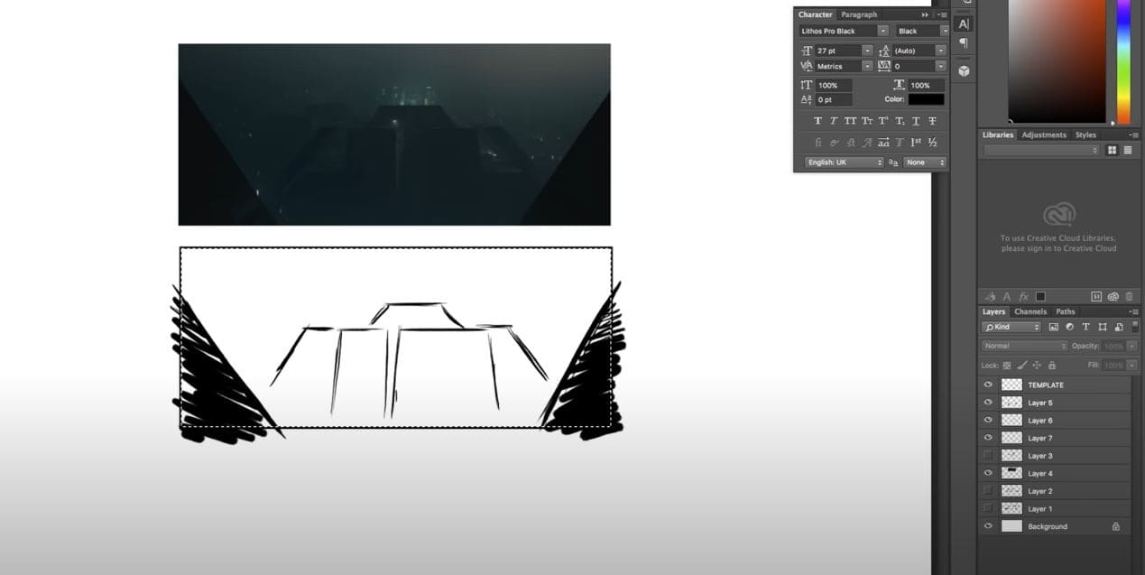 Digital storyboarding example in Photoshop