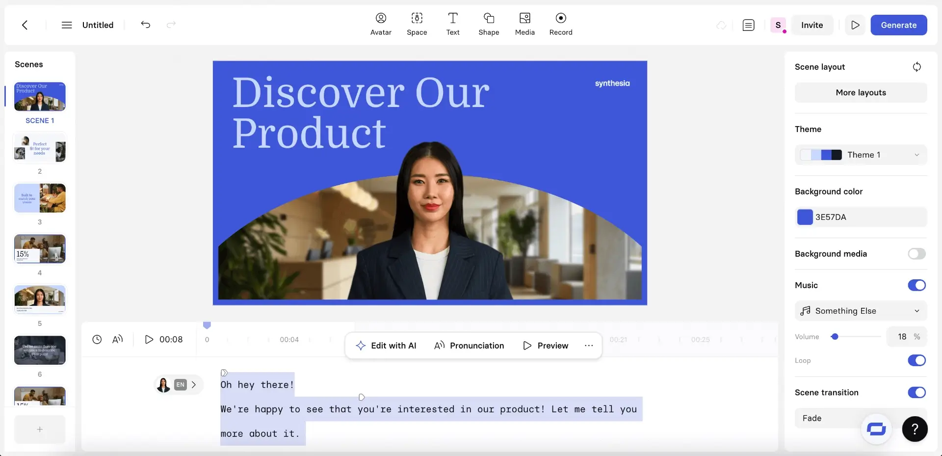 Skript-Editor von Synthesia mit Texteingabe und Aussprachesteuerung
