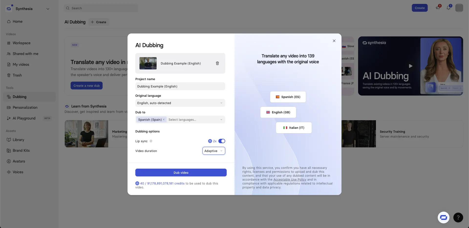 Synthesia's video translator/dubbing interface