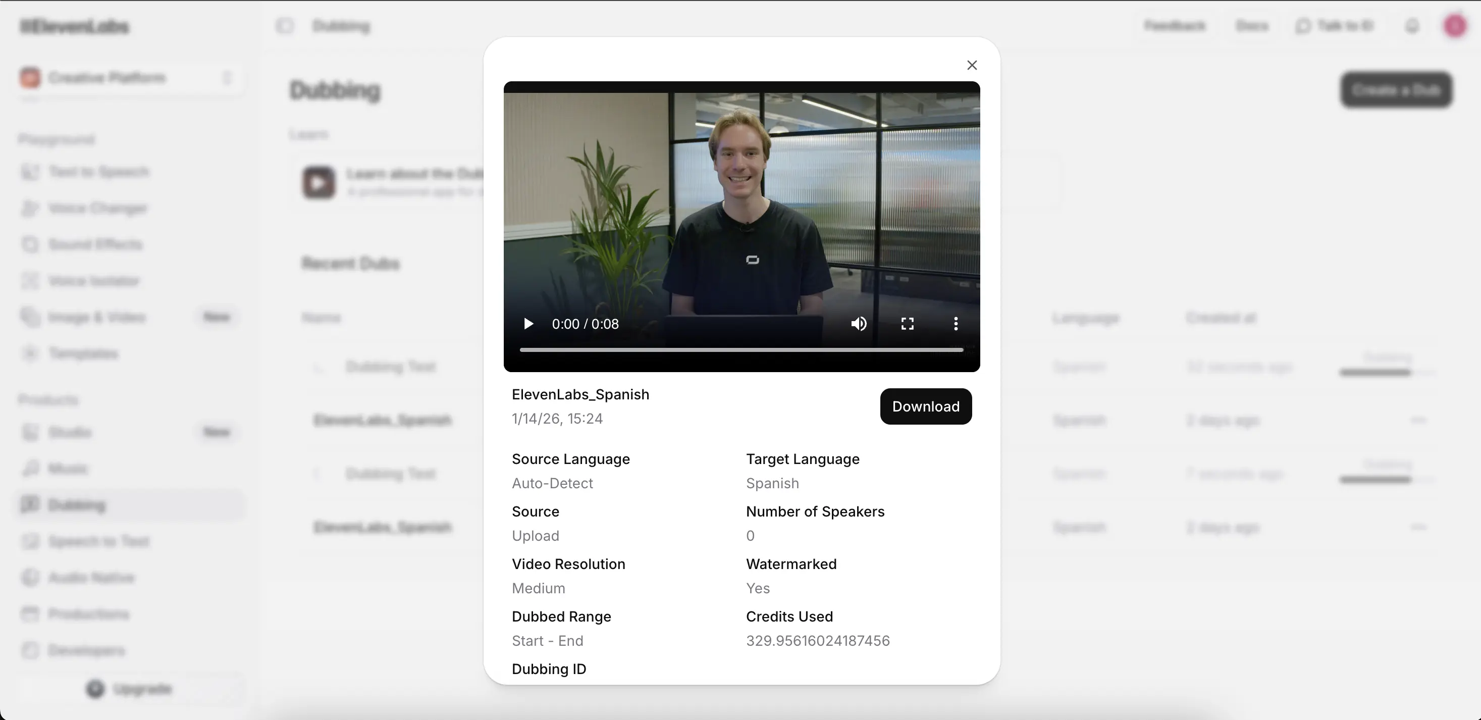 Elevenlabs video translation interface