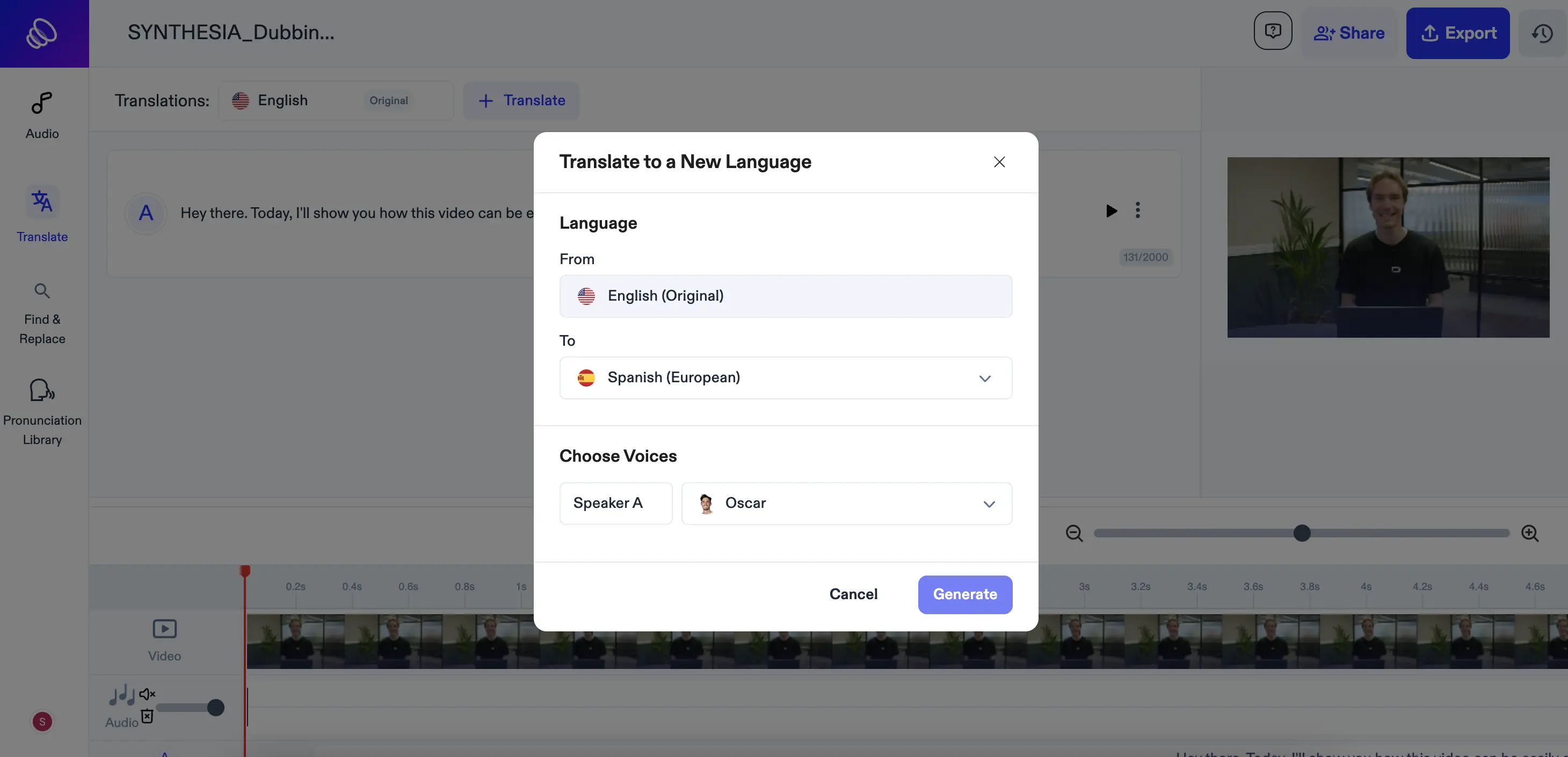 Speechify's video translator interface