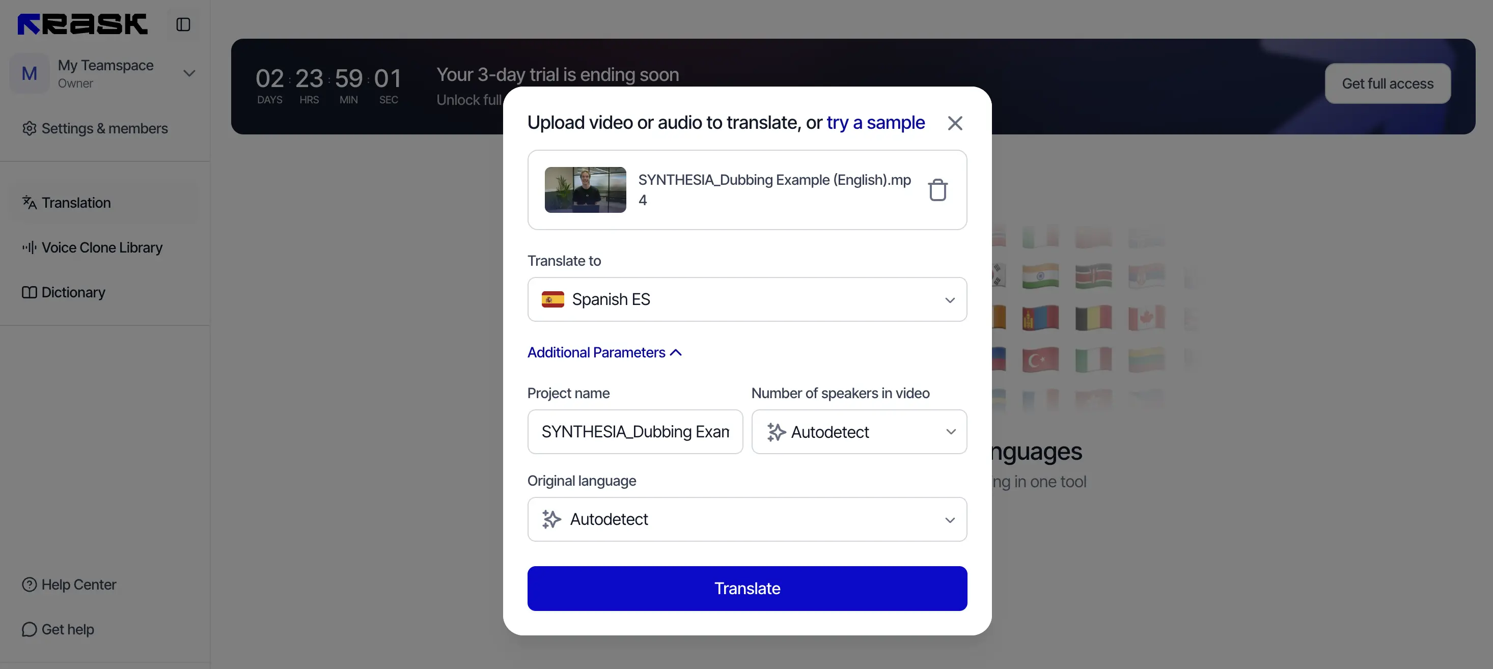 Rask AI's video translator interface