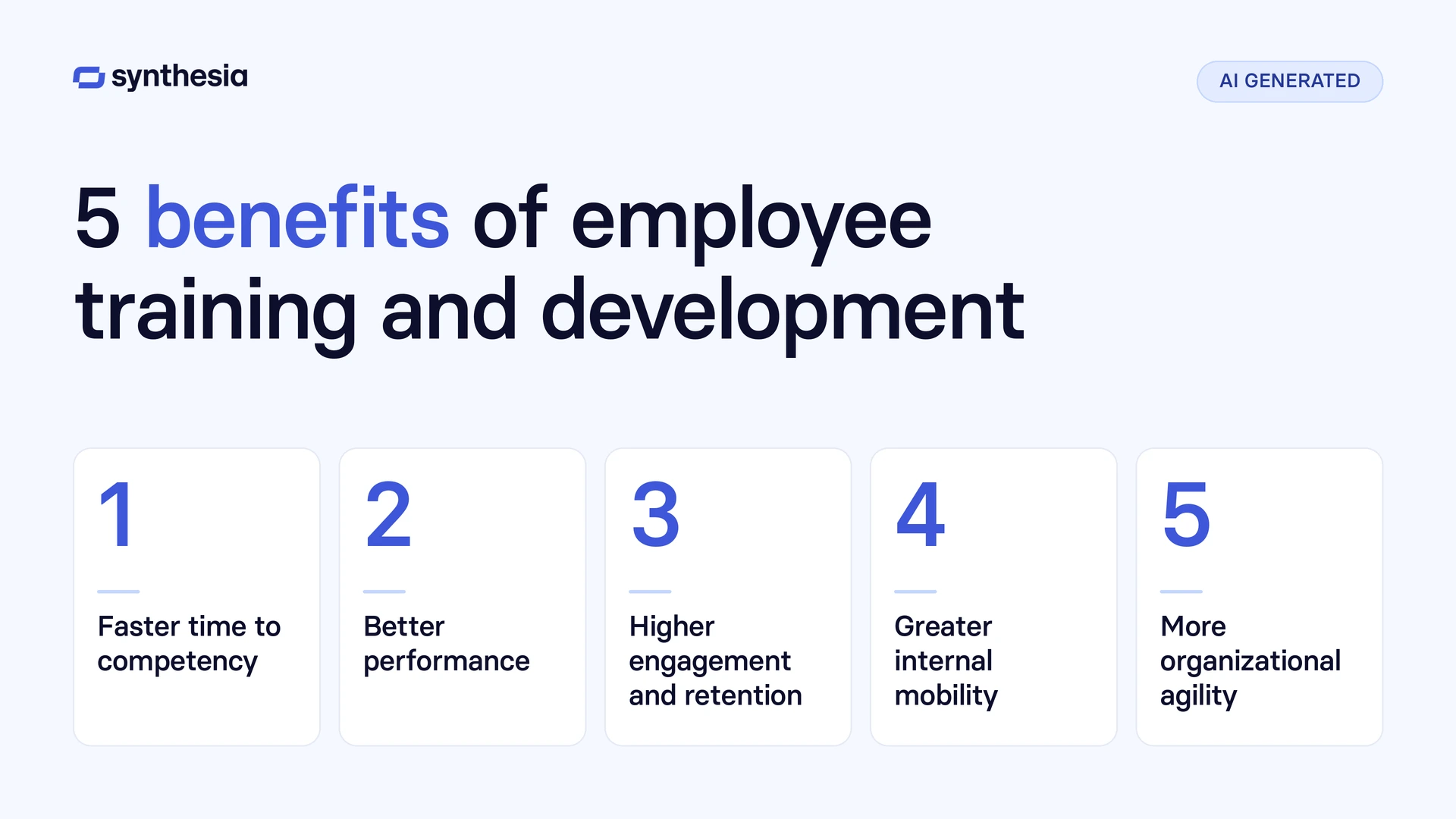 five data-driven benefits that you can point to: faster time to competency, better performance, higher engagement and retention, greater internal mobility, and more organizational agility.