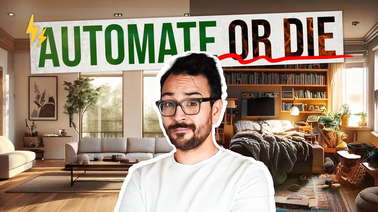 Man with glasses in living room with 'Automate or Die' text overlay