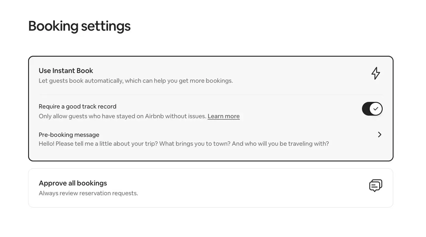 Airbnb Instant Book booking settings