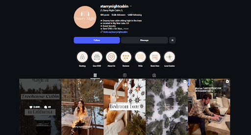Starry Night Cabin Instagram profile screenshot