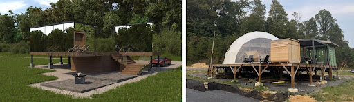 Star Farm A-frame at dusk with fire pit and deck chairs