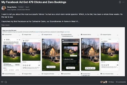 Doug's Facebook Ad post — 479 clicks, zero bookings