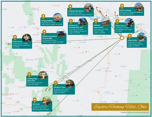 Map of Hocking Hills, Ohio attractions and amenities near the property