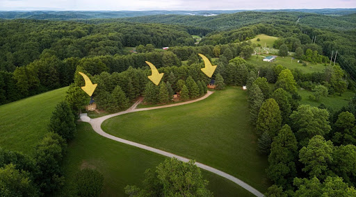 Aerial view of Immersive Escapes — 3-cabin property in Hocking Hills, Ohio
