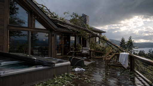 Storm damage to a property deck and hot tub