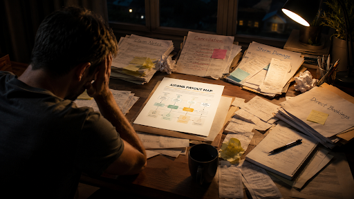 Host reviewing claim notes, cancellation policies, and storm damage paperwork at a desk