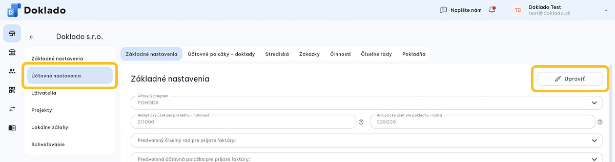Doklado - Účtovné nastavenia