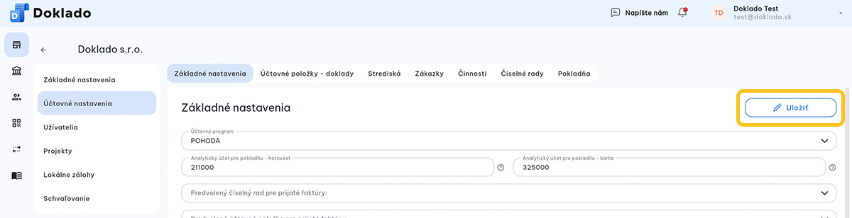 Doklado - Účtovné nastavenia