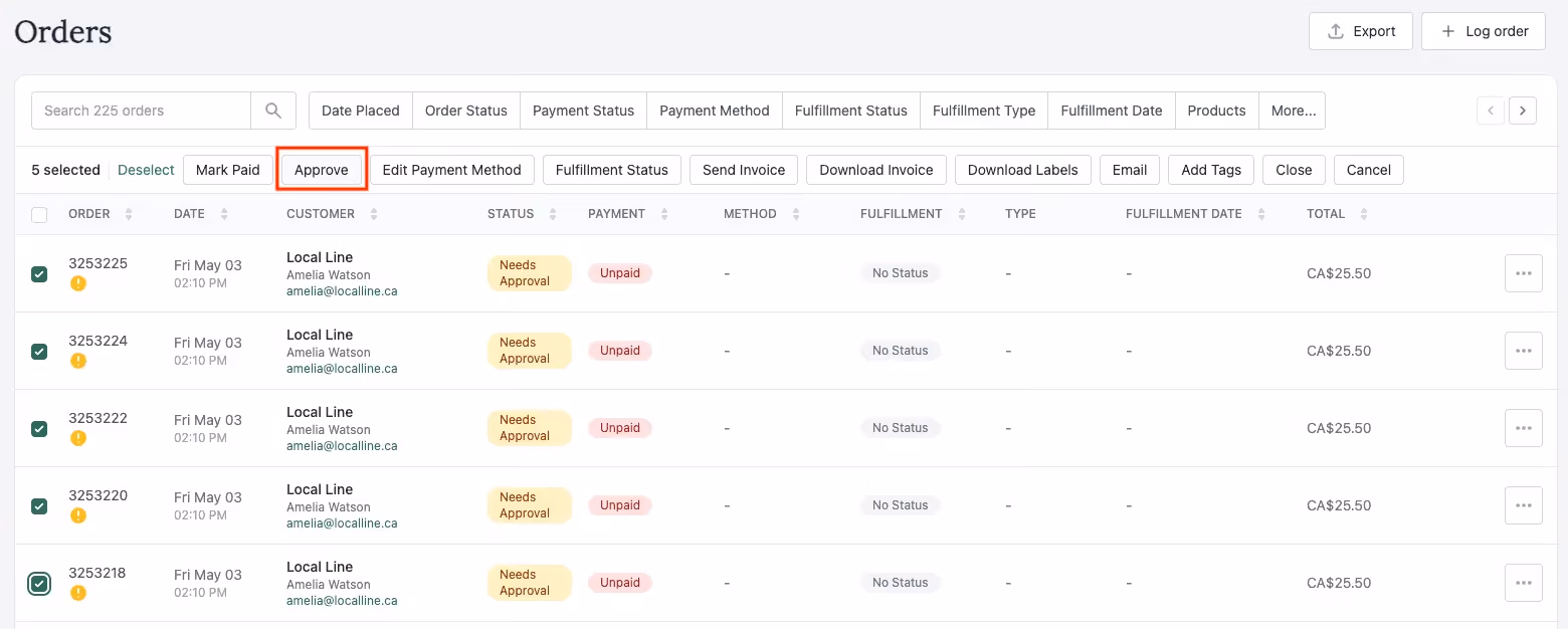 Approve multiple needs approval orders at once in Local Line