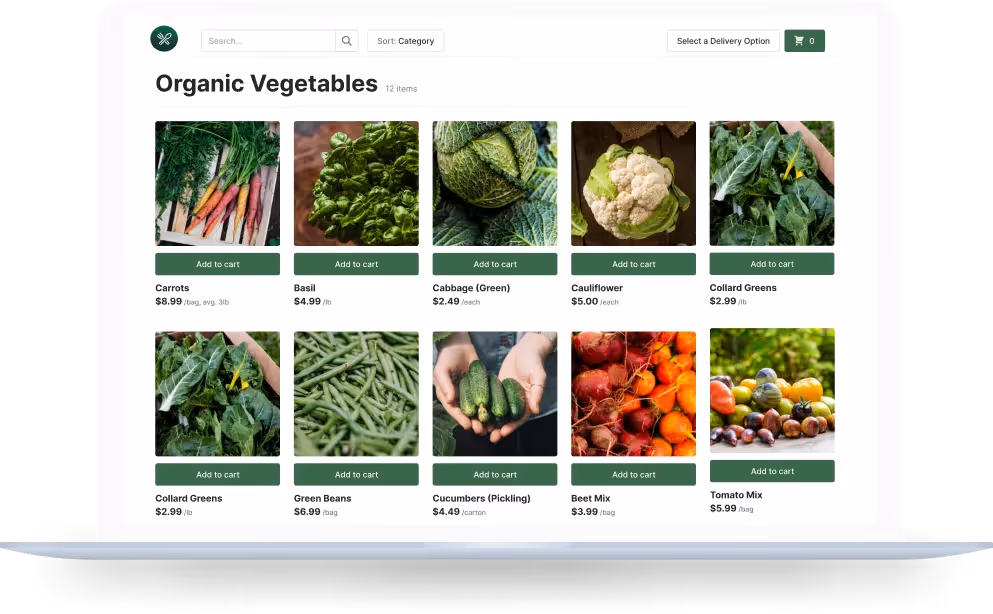 Local Line storefront on laptop selling organic vegetables.