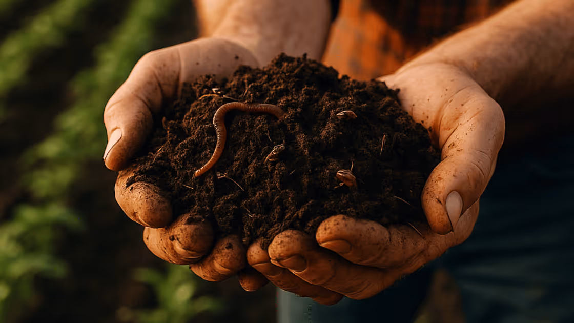 Farmer holding soil with worms in a field.