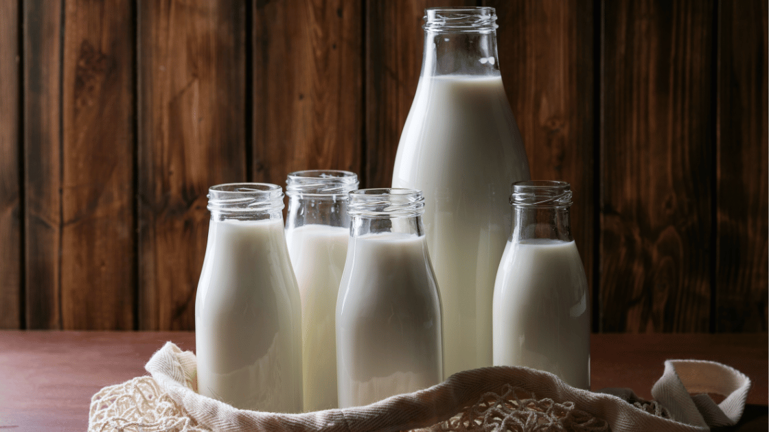 Local milk in glass bottles on table.