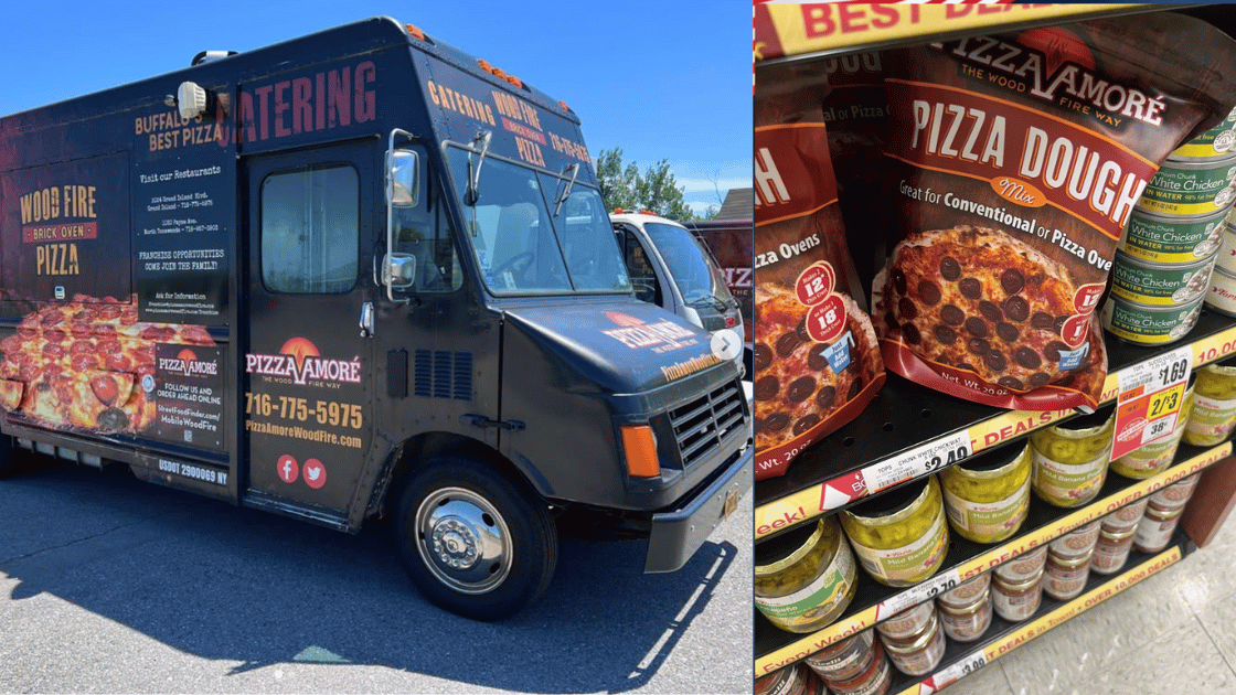 Pizza Amore pizza food truck and dough mix in store at Tops Friendly Markets