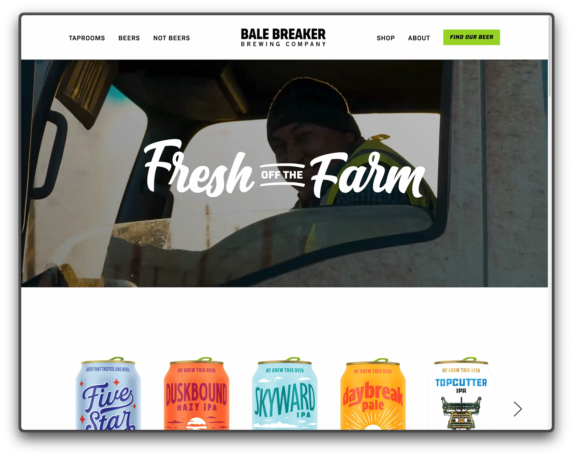 A screenshot of the homepage on the Bale Breaker Brewing Co. website