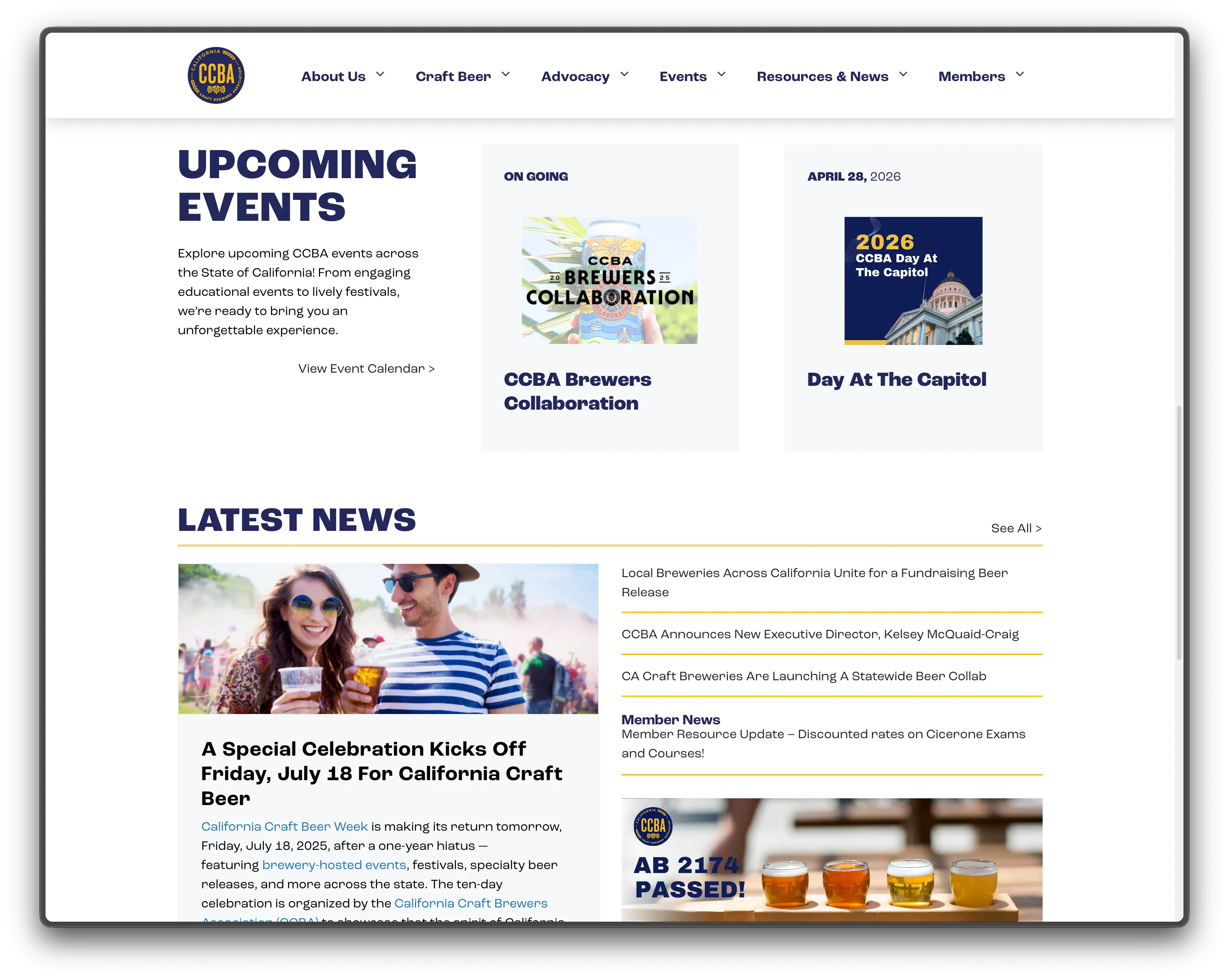 A screenshot of the Upcoming Events page on the California Craft Brewers Association website