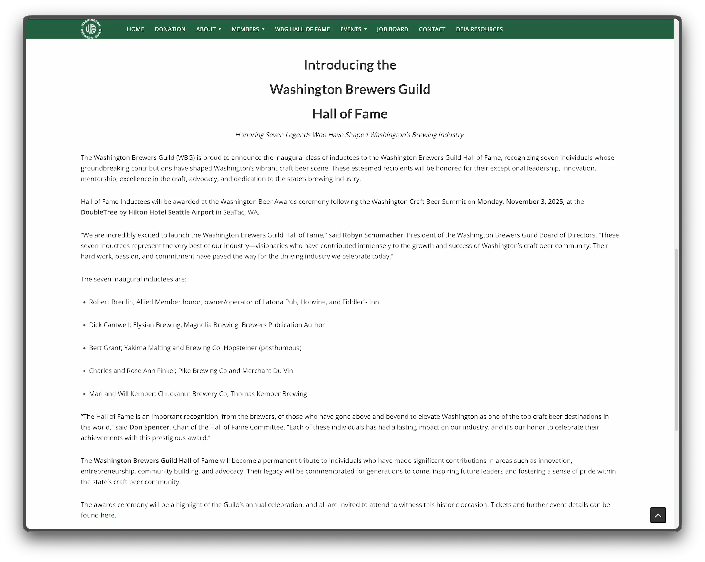 Hall of Fame page on the old website featuring a long-form article with minimal visual hierarchy