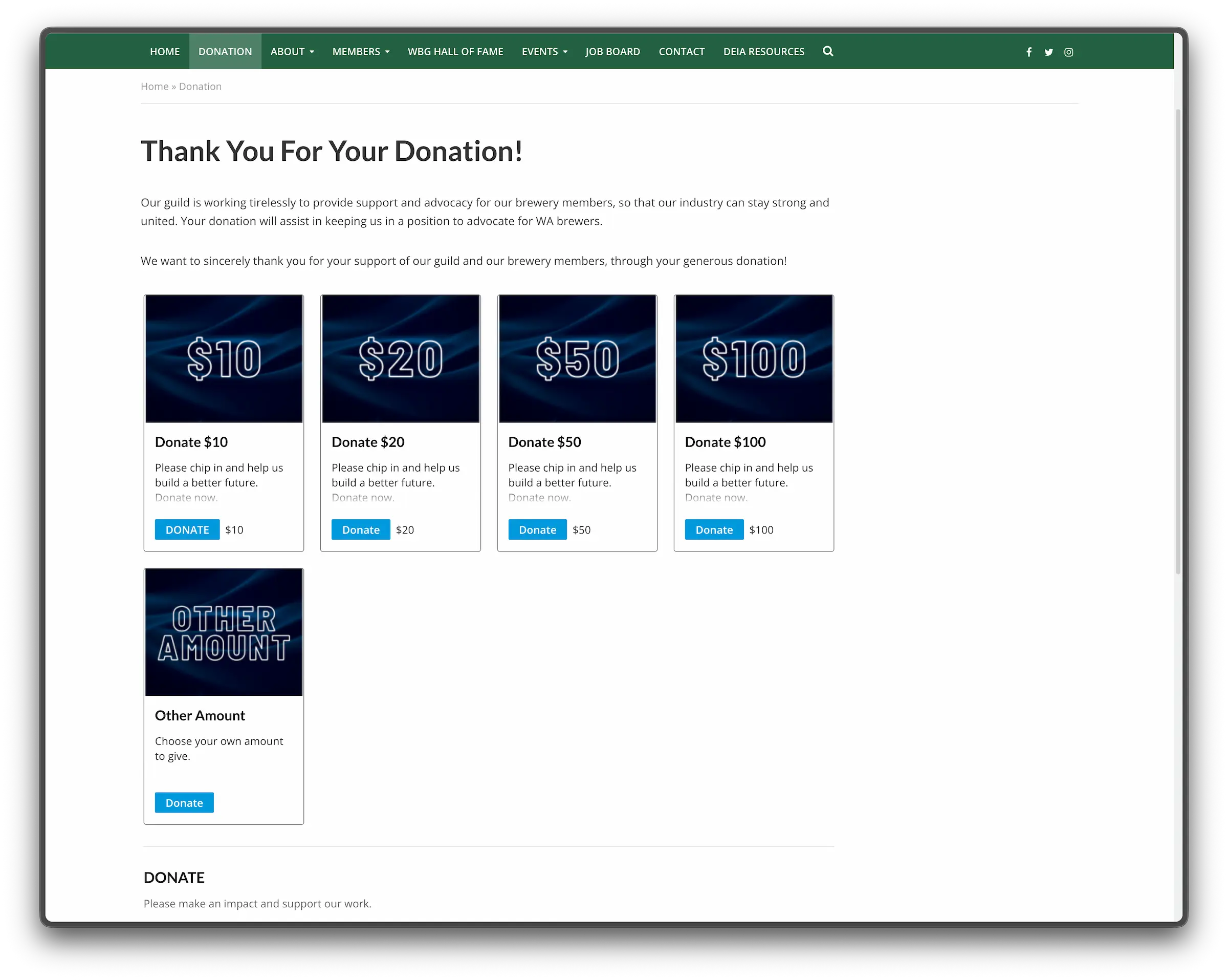Donation page on the old website featuring card-based contribution options and a task-focused layout