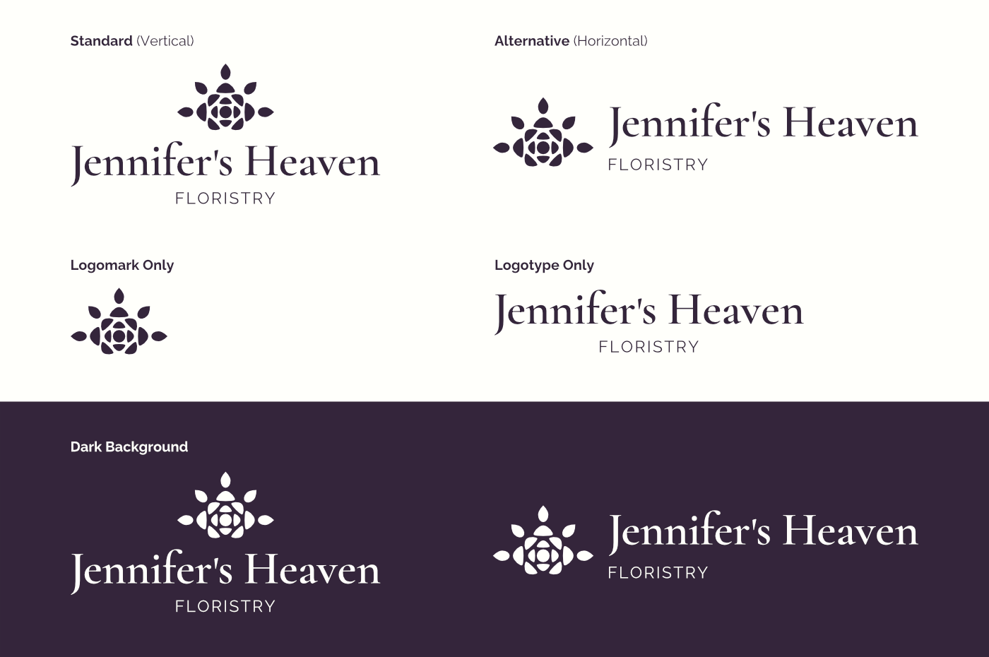 Variations of the logo, including vertical, horizontal, logomark only, logotype only, and both orientations on a dark background.