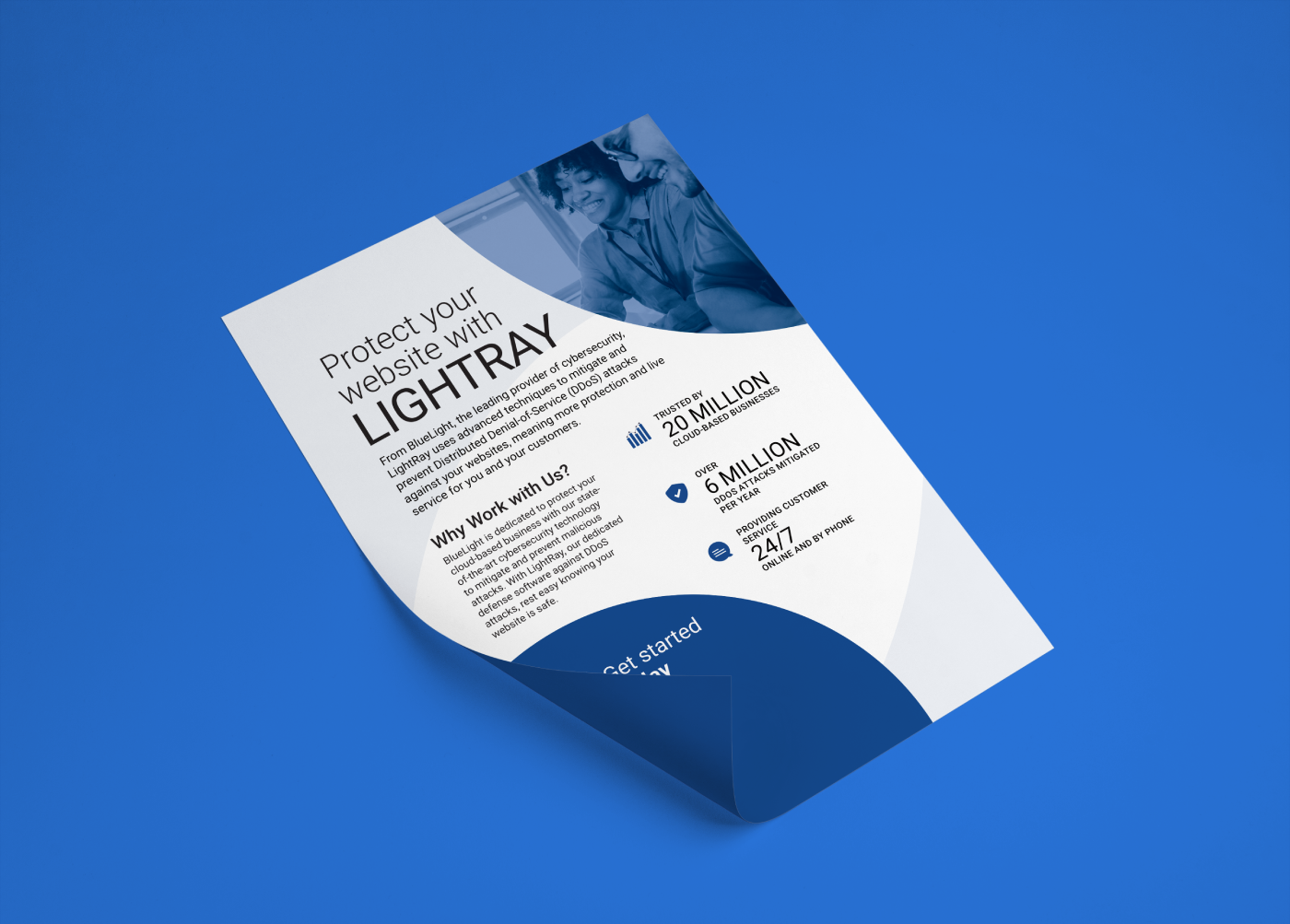 Mockup of the flyer on a blue background.