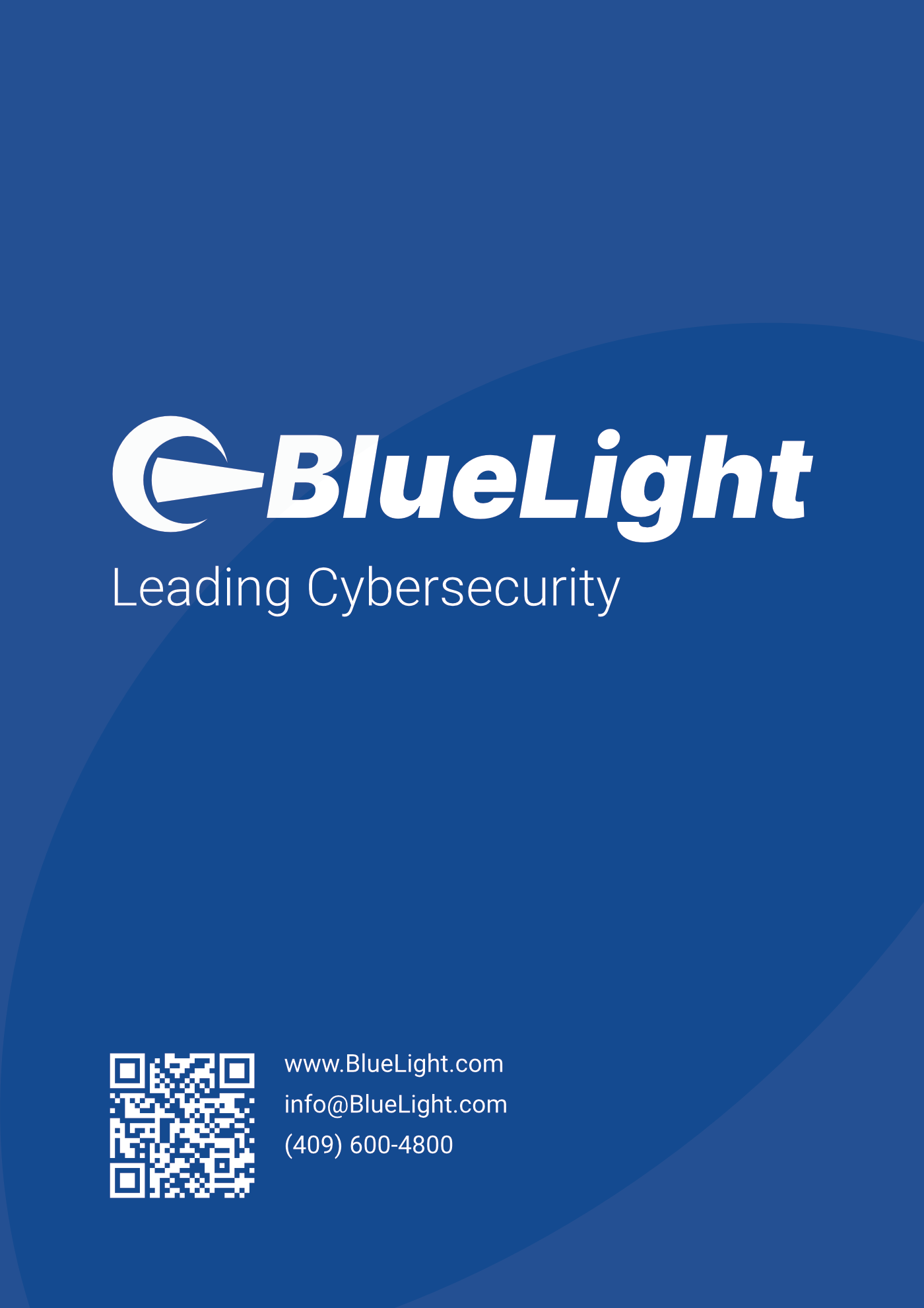 The other of the flyer, showing the BlueLight logo, a subtitle saying "Leading Cybersecurity", and contact information.