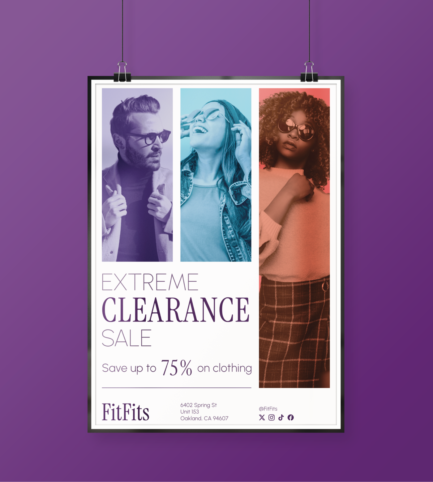 Full flyer, showing three individuals in various clothing styles. Title text reads "Extreme clearance sale". Subtext reads "Save up to 75% on clothing". Footer says "FitFits" and shows an example address and social media.
