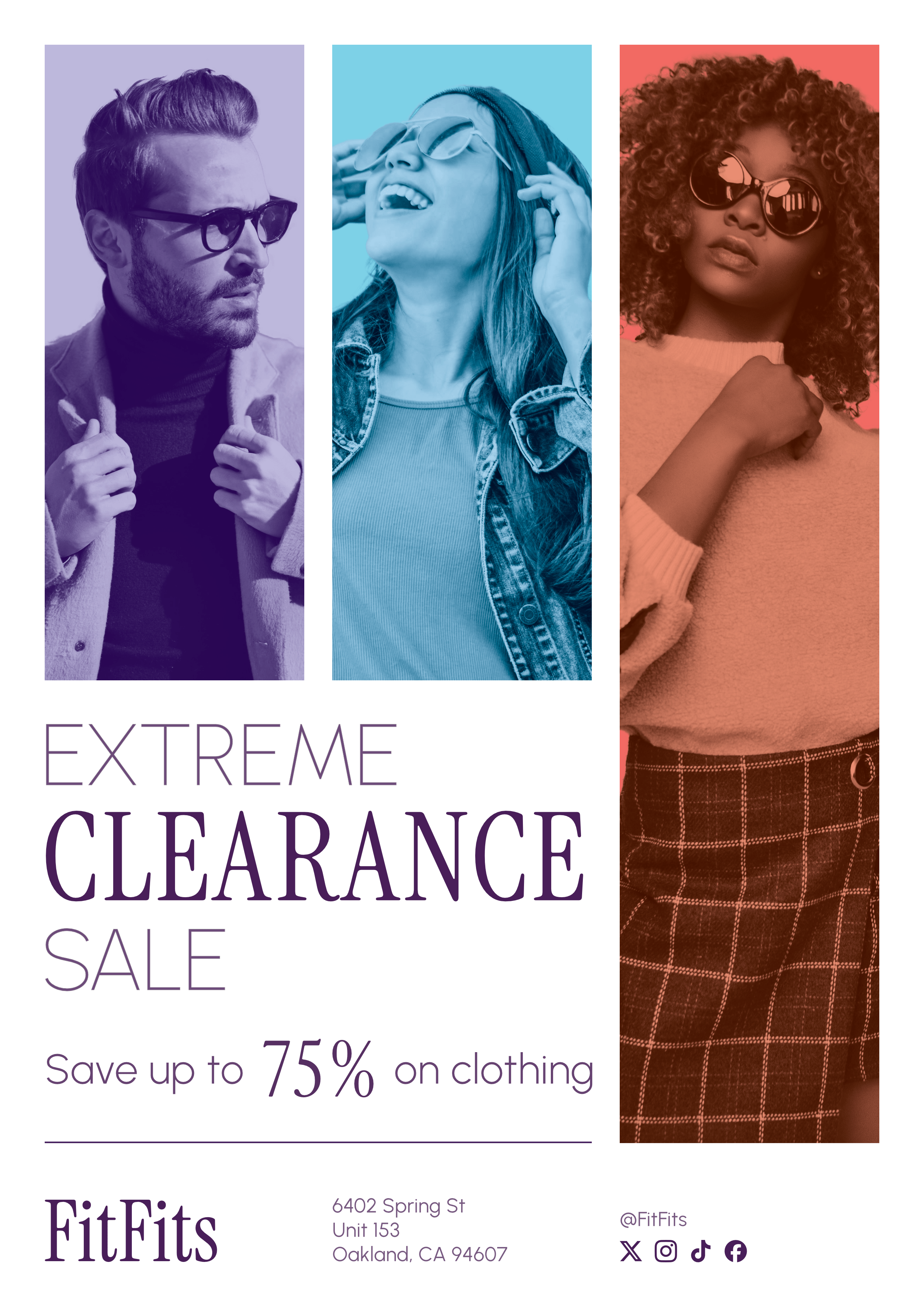 Full flyer, showing three individuals in various clothing styles. Title text reads "Extreme clearance sale". Subtext reads "Save up to 75% on clothing". Footer says "FitFits" and shows an example address and social media.
