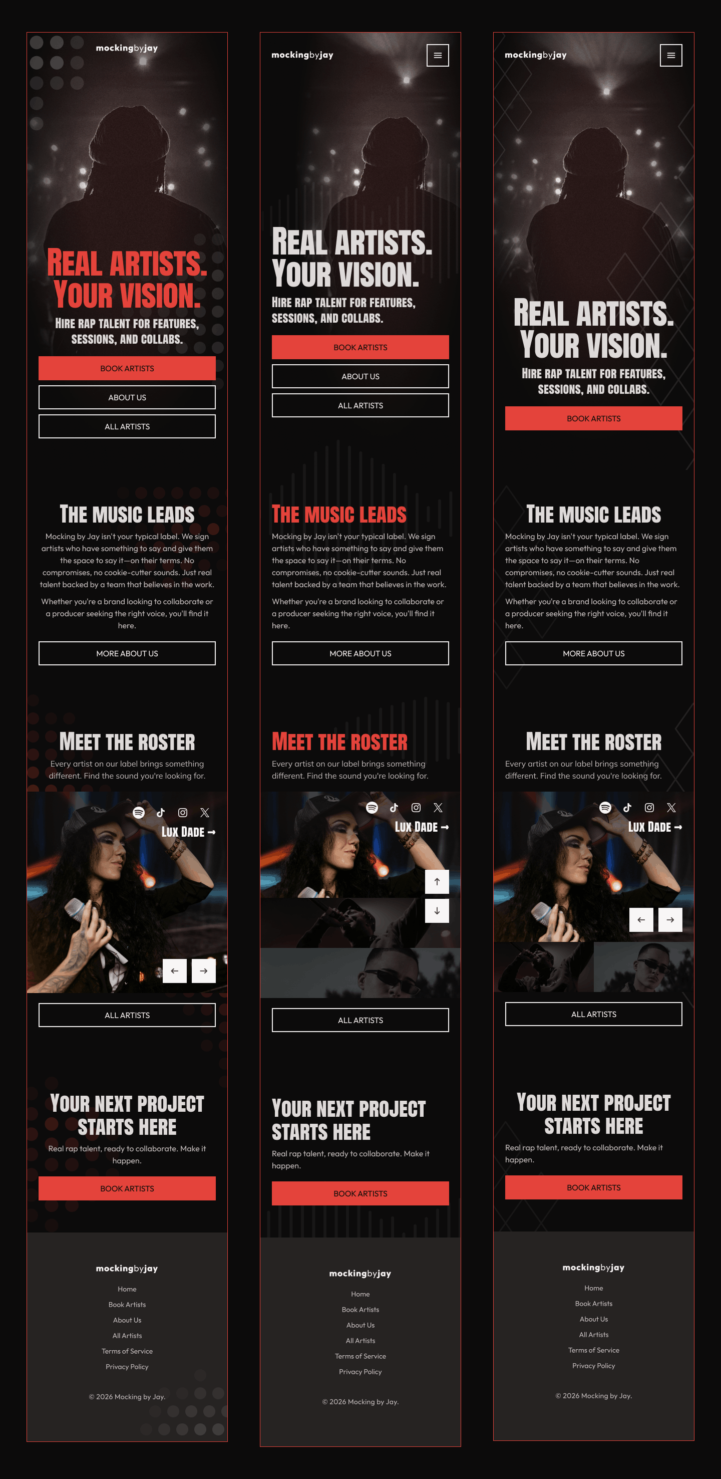 Three variations of mobile views showing call to action for booking rap artists, artist roster featuring Lux Dade, and sections about the label's mission and collaboration offers.