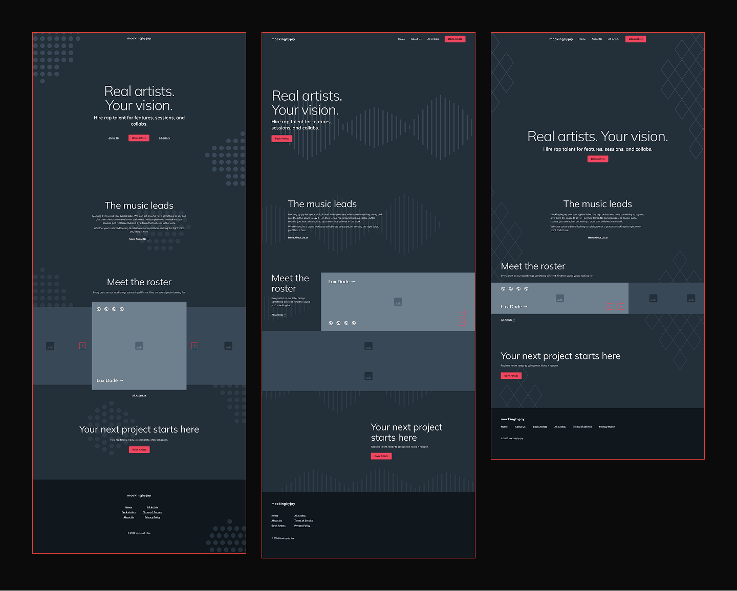 Three wireframes of the landing page, showing rough ideation of  grayscale and initial layout variations.